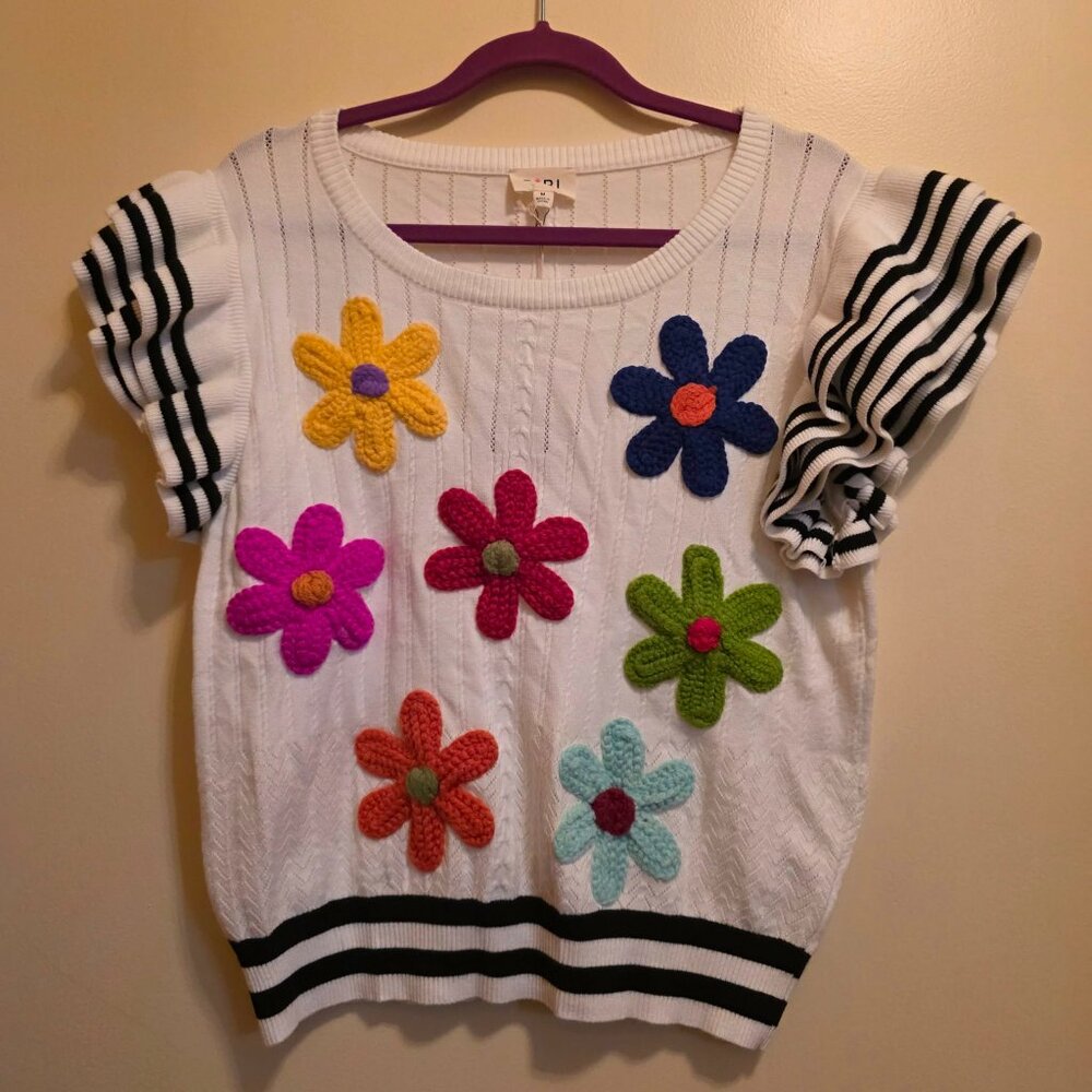 Bibi Knit Sweater Vibrand Flowers Ruffle Cap Sleeves M